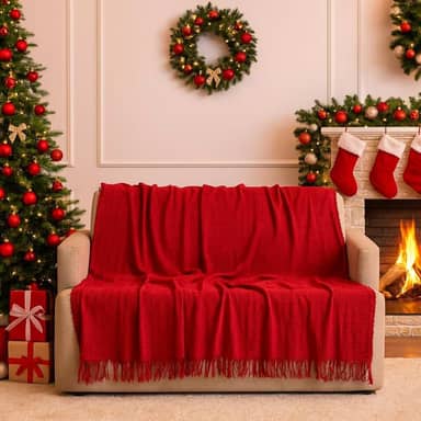 Manta 100% Algodão para Sofá – Macia, Respirável, Antialérgica e Decorativa – Tamanho 240×180 cm (DECORAÇÃO DE NATAL - VERMELHA)