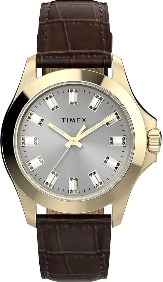 Relógio feminino Kaia de 38 mm - pulseira marrom, mostrador prateado, caixa dourada