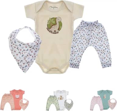 Kit 3 Peças Maternidade Enxoval Chá de Bebe Recém Nascido Body Mijão Bandana (Dino)
