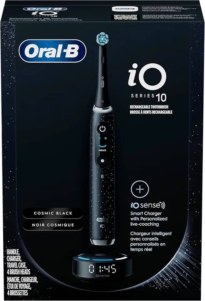 Oral-B Escova de Dentes Elétrica Recarregável Io Series 10 com Sensor de Pressão Visível para Proteger As Gengivas, Temporizador de 2 Minutos, 7 Configurações de Limpeza, 4 Cabeças de Escova de Dentes