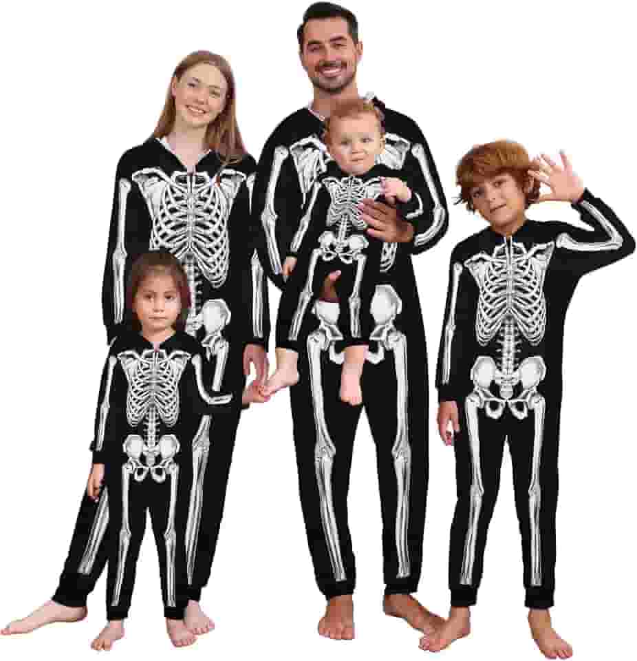 Fantasia de esqueleto de Halloween combinando para a família, macacão com capuz para homens, mulheres, crianças, casais adultos