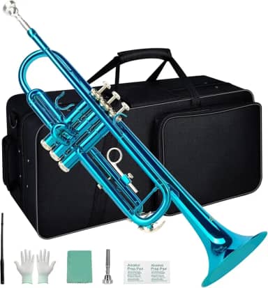 VEDO Kit para iniciantes de trompete em Si bemol, instrumento de sopro de metal para estudantes, estojo rígido, ferramentas de limpeza, bocal 7C e luvas. (Verde)