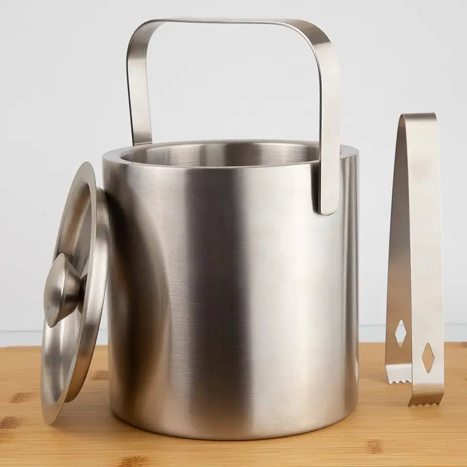 Balde de Gelo Aço Inox 1,3L MR1128 Parede Dupla Com Pegador Tampa Alça