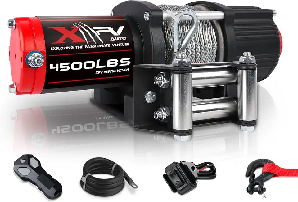 XPV AUTO Guincho elétrico de corda de aço 12V 2,041.2 kg para reboque ATV/UTV Off Road com suporte de montagem de controle remoto sem fio IP67 Guincho elétrico à prova d'água com rolo de 4 vias