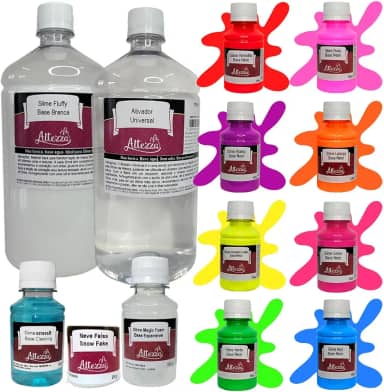 Combo Slime 03 - Kit Completo Para Fazer Slime Neon Super - 8 Cores de 100ml Neon/Fluorescente + Ativador de Slime Universal 1000ml + Cola Base Fluffy 1kg + Neve Falsa + Slime Magic Foam + Desativador