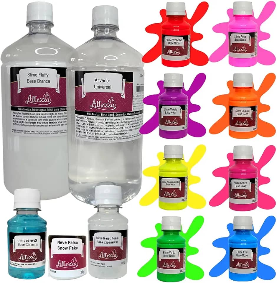 Combo Slime 03 - Kit Completo Para Fazer Slime Neon Super - 8 Cores de 100ml Neon/Fluorescente + Ativador de Slime Universal 1000ml + Cola Base Fluffy 1kg + Neve Falsa + Slime Magic Foam + Desativador