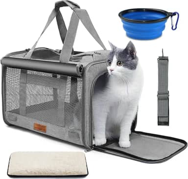 Bolsa Caixa de Transporte para Gatos Cachorros Pet Avião C/Proteção de Privacidade Tigela Dobrável e Almofada Até 11kg 45×30×30cm