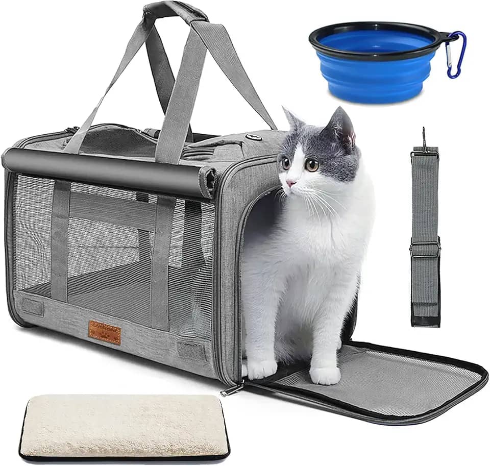 Bolsa Caixa de Transporte para Gatos Cachorros Pet Avião C/Proteção de Privacidade Tigela Dobrável e Almofada Até 11kg 45×30×30cm