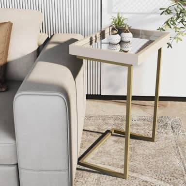 Mesa de Apoio Lateral para Sofá Bandeja Removível Estilo Moderno (Pérola/Dourado)