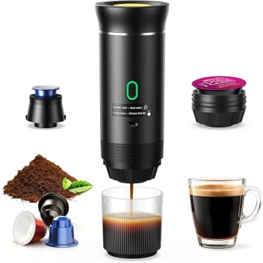 Máquina de café expresso portátil, máquina de café de viagem para acampamento, cafeteira com autoaquecimento de carro com USB-C, compatível com café moído e cápsulas NS, máquina de café expresso