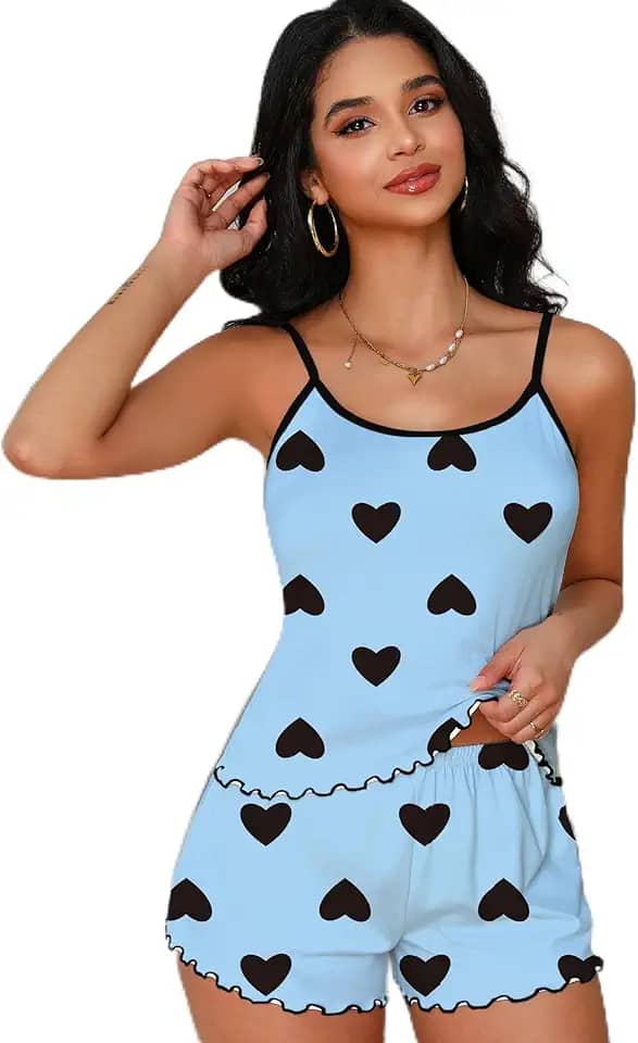 Conjunto de pijama feminino de verão, estampa de coração azul, alças finas, macio e respirável