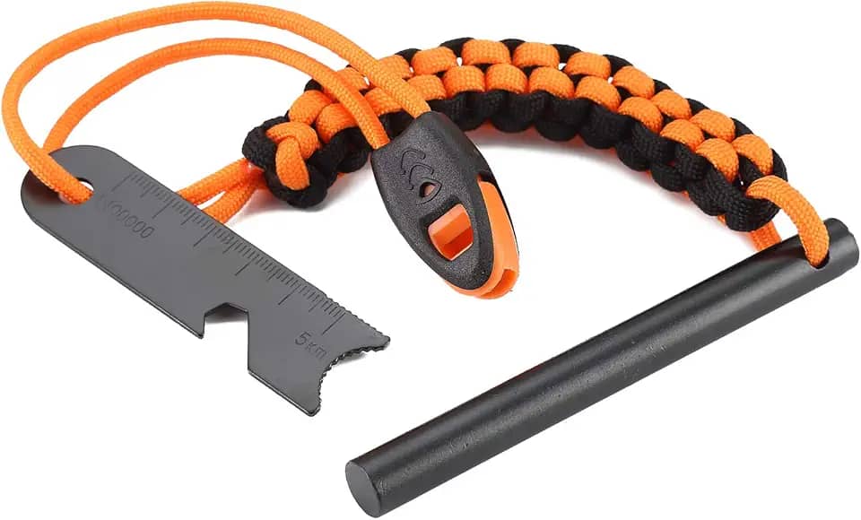 Acionador de fogo com haste de ferro perfurada, aço FOSTAR de pederneira de 10 cm com alça de cordão de paracord, golpe e apito, para kits de sobrevivência de emergência, caminhadas, acampamento para