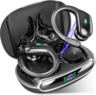 Fones de ouvido sem fio Bluetooth 5.3, fones de ouvido estéreo com graves e ganchos, reprodução de 80 horas e tela dupla de LED, fones de ouvido à prova d'água IP7 (preto)