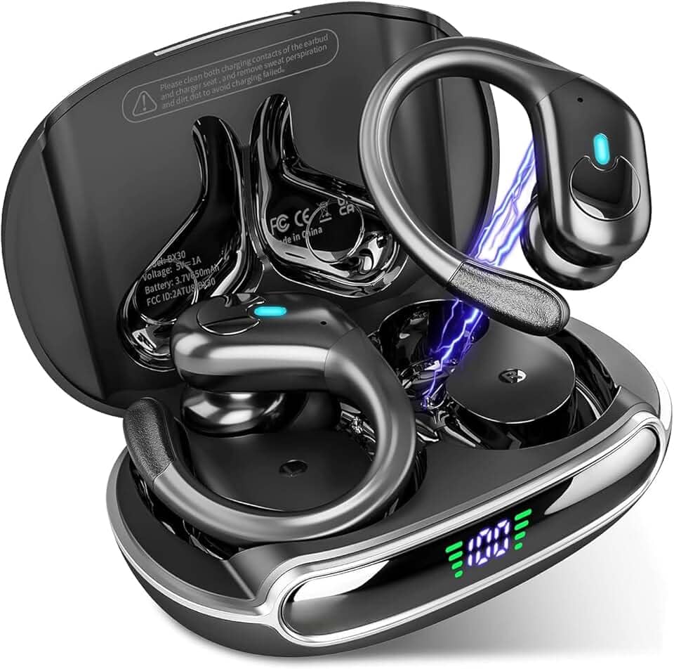 Fones de ouvido sem fio Bluetooth 5.3, fones de ouvido estéreo com graves e ganchos, reprodução de 80 horas e tela dupla de LED, fones de ouvido à prova d'água IP7 (preto)