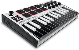 Akai Professional MPK Mini MK3 - Controlador de Teclado MIDI USB com 25 Teclas, 8 Pads de Bateria Iluminados, 8 Knobs, Software de Produção Musical e Pacote de Sons da Native Instruments, Branco