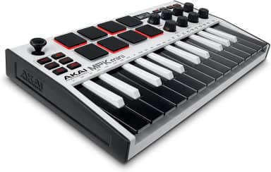 Akai Professional MPK Mini MK3 - Controlador de Teclado MIDI USB com 25 Teclas, 8 Pads de Bateria Iluminados, 8 Knobs, Software de Produção Musical e Pacote de Sons da Native Instruments, Branco