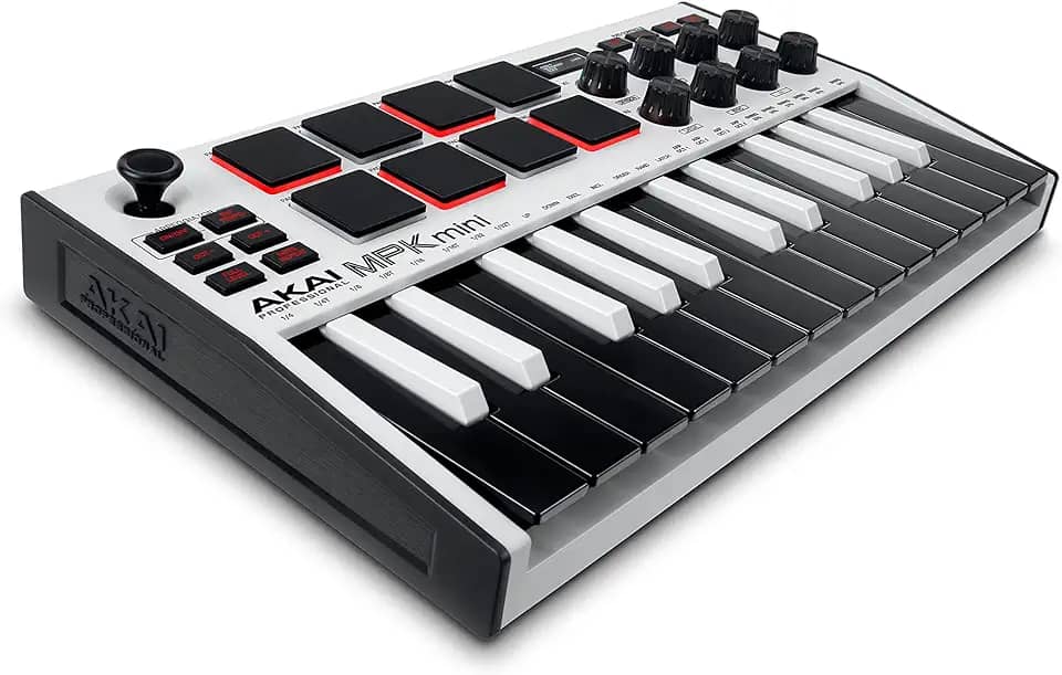 Akai Professional MPK Mini MK3 - Controlador de Teclado MIDI USB com 25 Teclas, 8 Pads de Bateria Iluminados, 8 Knobs, Software de Produção Musical e Pacote de Sons da Native Instruments, Branco