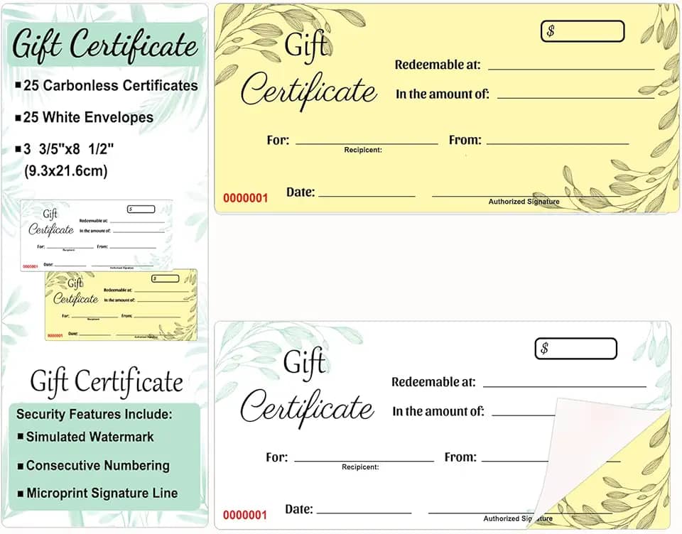 Remerabel Livro de vales de presente com stub Livro de duas partes de vouchers de presente, vales de presente, certificados de numeração consecutiva, papel disponível, etiqueta sem carbono, 25 por