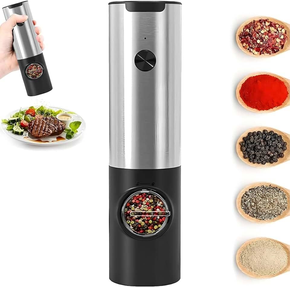 Moedor Elétrico Automático de Temperos, Sal, Pimenta e Especiarias Inox com Luz LED, Operação com Uma Mão, Ajuste de Moagem, Recipiente Transparente – Ideal para Moer Pimenta