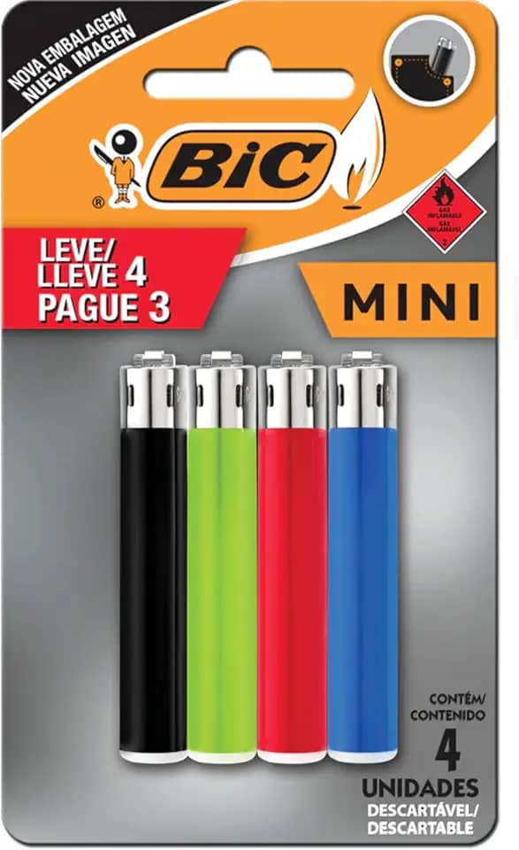 Isqueiro Mini Bic – Cartela com 4 Unidades