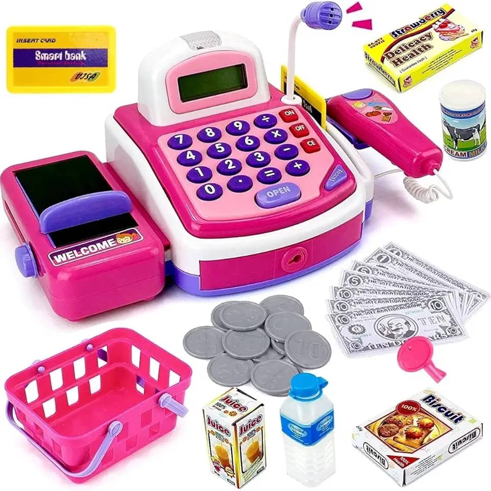 Caixa Registradora Infantil com Calculadora, Microfone, Luz e Acessórios, Rosa e Azul, 30 cm