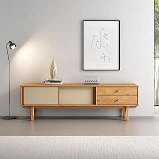 IDIMEX Rack para Sala TV 75 Polegadas com 2 Gavetas em Madeira e Telinha Rattan Cor Freijó Simona