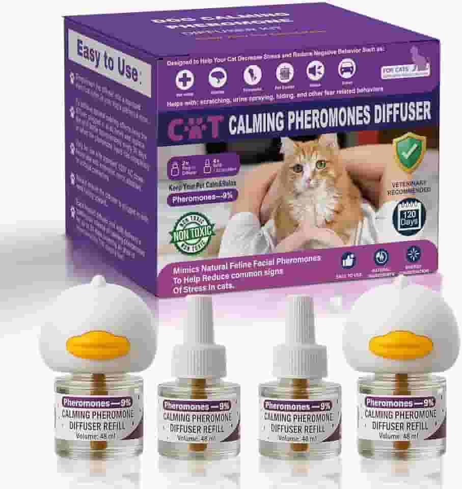 Monadev Difusor calmante para gatos, difusor calmante de feromônios para gatos, difusor de feromônios para acalmar gatos, difusor calmante para gatos com 2 difusores + 4 recargas, 120 dias para alívio
