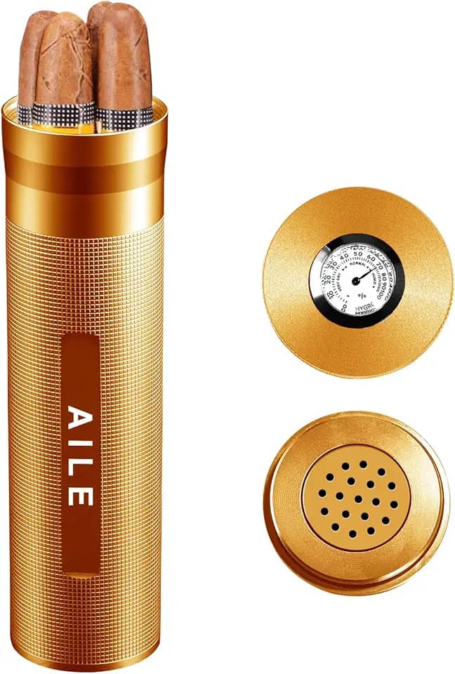 AILE Umidor de aço inoxidável para charutos, caixa de charuto, prata para viagem, tubo para 3 a 4 charutos, caixa de charutos portátil, higrômetro de charuto, ótimo presente para o amante (dourado)