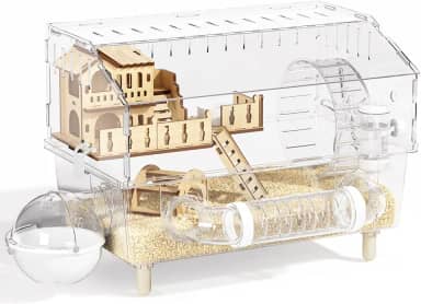 Gaiola acrílica para hamster 9 em 1, gaiola de hamster anão transparente com visão de 360°, gaiolas de hamster sírio de 2 camadas com todos os acessórios, bandeja de fácil limpeza e design ventilado