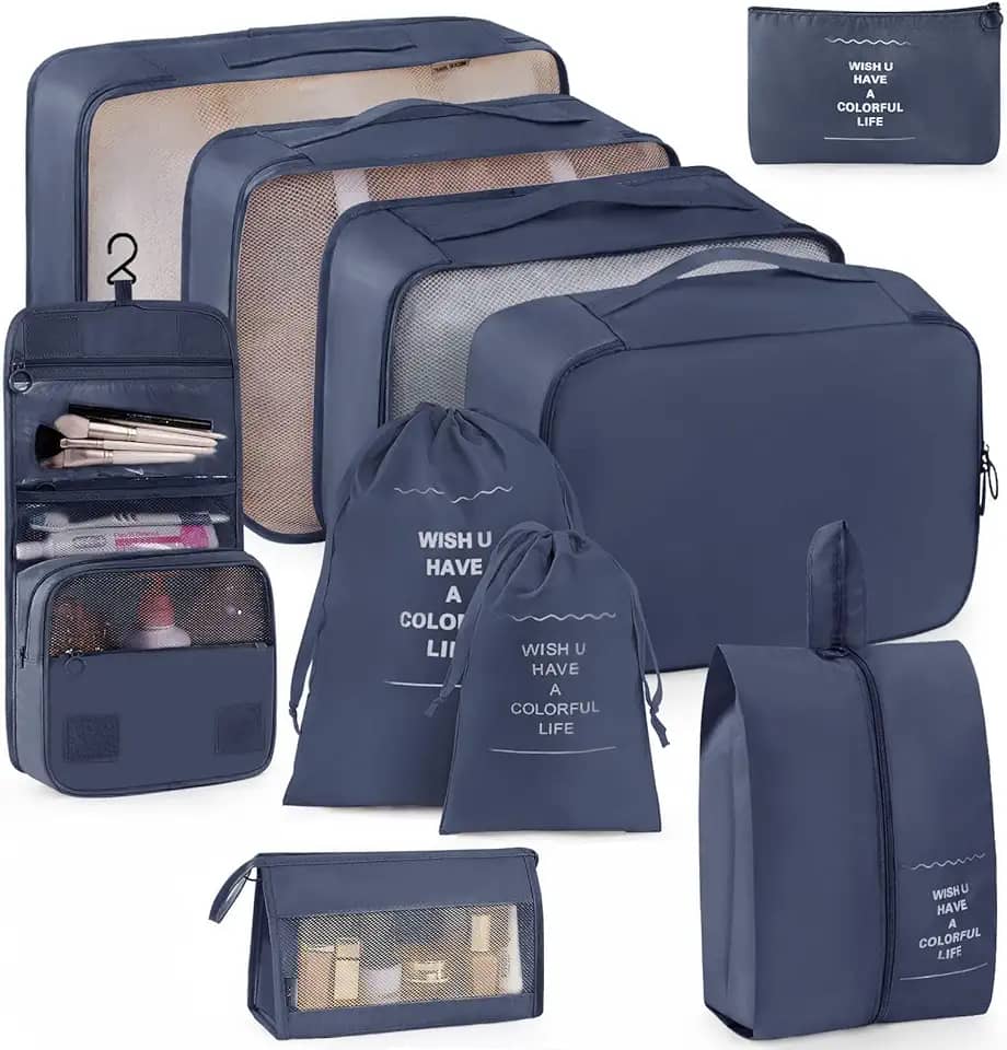 KIT 10 Necessaire Feminina Organizador de Malas para Viagem: Kit Completo de Organização - Inclui Bolsa Organizadora -Organizadores de Bagagem para Viagem-VANOVA (AZUL)