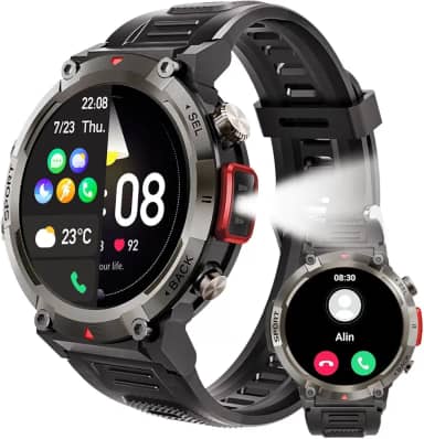 Smartwatch militar masculino com lanterna LED Smartwatch à prova d'água 3ATM robusto de 1,45 pol. com Faz e Recebe Ligações, Modos Esportivos e Recebimento de Notificações