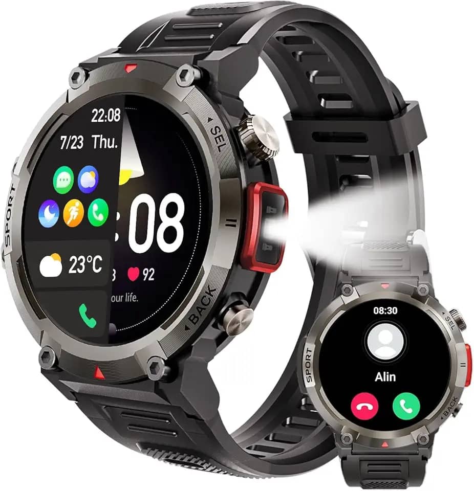 Smartwatch militar masculino com lanterna LED Smartwatch à prova d'água 3ATM robusto de 1,45 pol. com Faz e Recebe Ligações, Modos Esportivos e Recebimento de Notificações