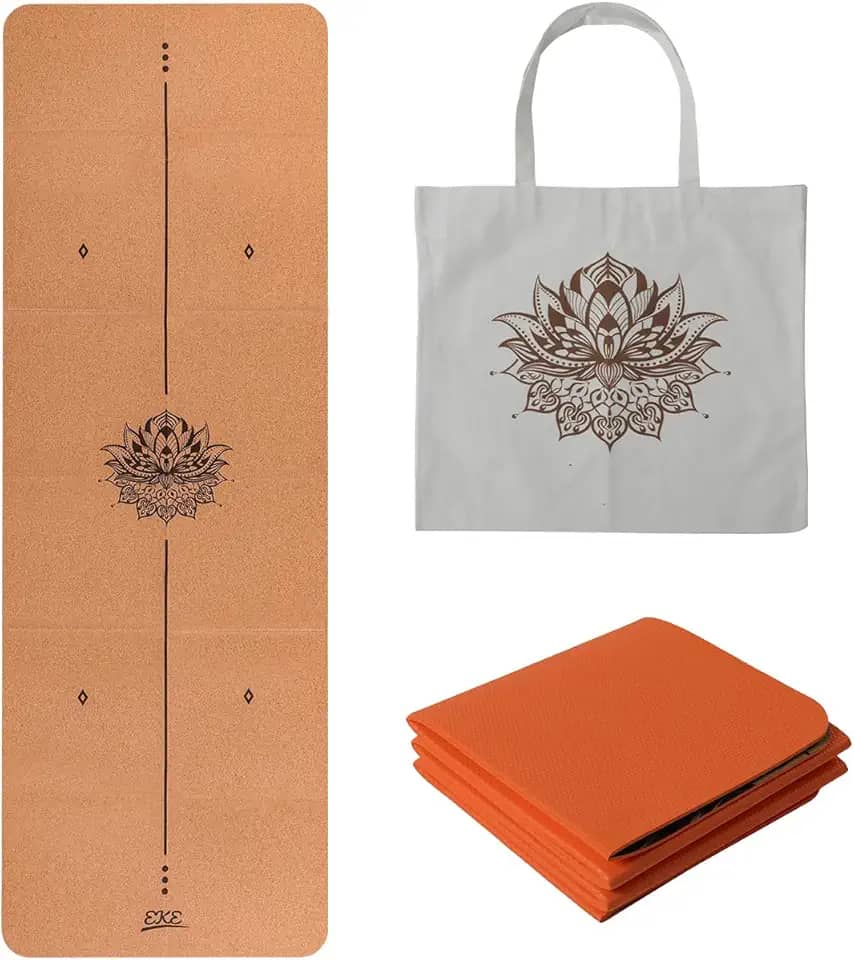 EKE Tapete de ioga dobrável de cortiça – Materiais antiderrapantes 100% recicláveis – Ecológico – Feito de cortiça e TPE – ideal para ioga quente 72 x 25 pol. x 5 mm com bolsa de transporte