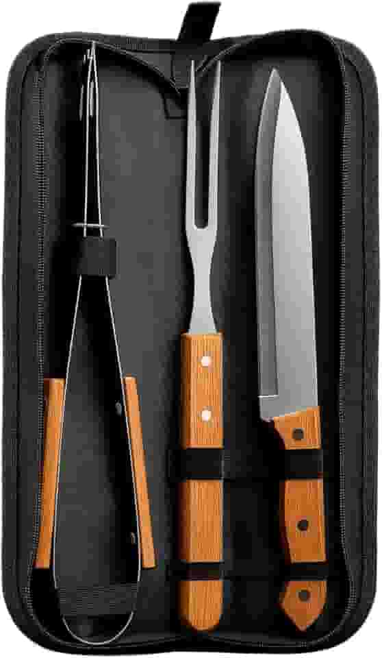 Kit De Churrasco Churasqueiro Faca Garfo e Pegador Com Esojo Conjunto 3 Pçs Cabo De Madeira