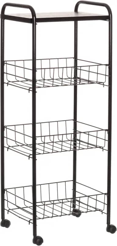 Fruteira de Chão 3 Cestos com Tampo de Madeira e Rodas, Cor Preto, Metaltru