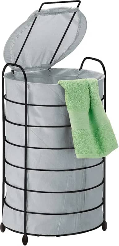 Cesto de Roupa de Chão Redondo com Tampa, Utimil, PR482, Aço Preto Brilhante, Tecido Bege e Sapata (Pezinhos) Preto