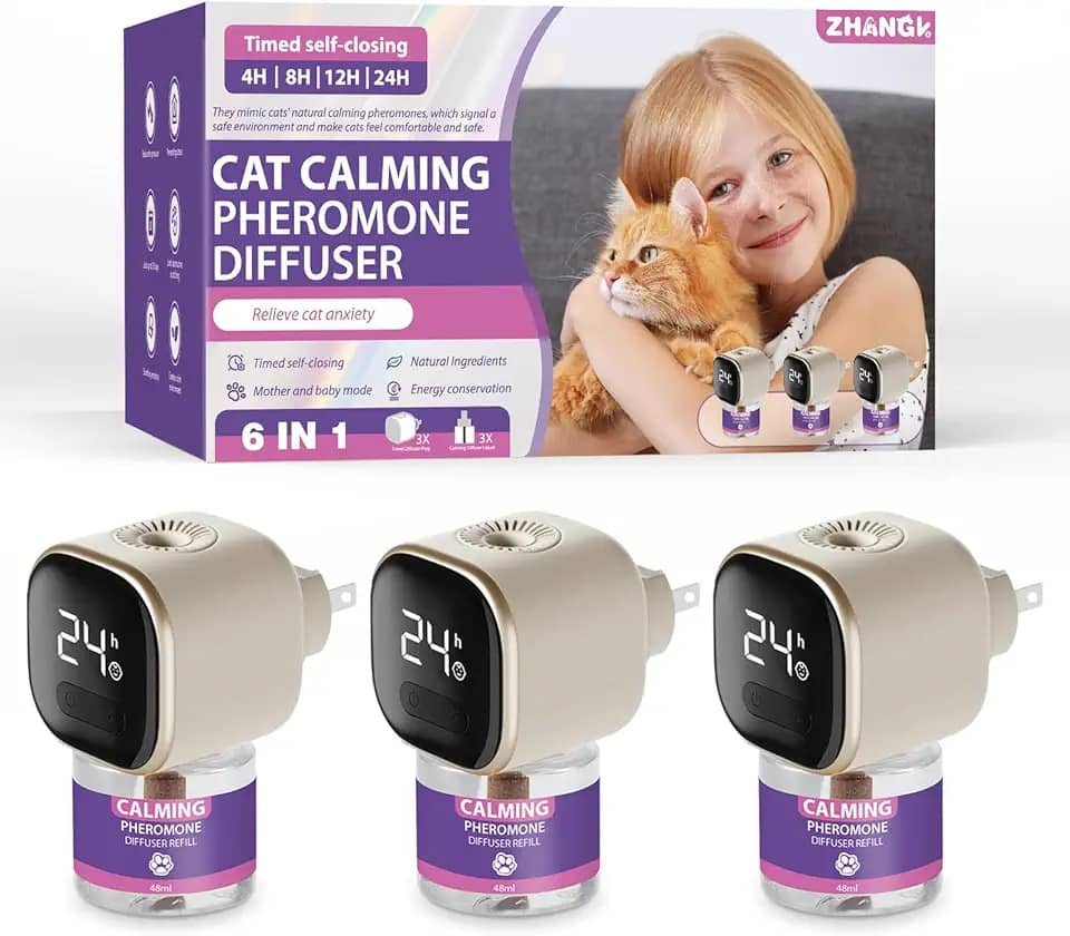 Difusor calmante para vários gatos, alivia o estresse, ansiedade, feromônios, difusor calmante com função de temporização, pacote com 3 feromônios para reduzir a pulverização e arranhões para todos os