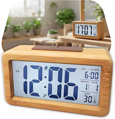Relógio Despertador Digital LCD Madeira Bambu Decorativo Design Moderno Clássico Vintage com Sensor de luz Noturna Inteligente Função Soneca Moderno Ambiente Quarto Sala Escritório Consultório