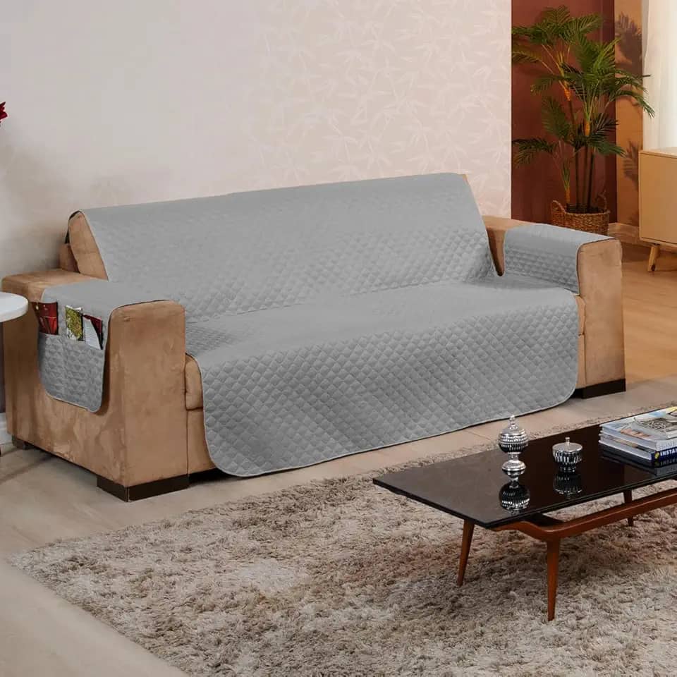 Capa Protetora para Sofá 4 Lugares Reversível - Para Pets e Crianças, Tecido Macio, Fácil de Lavar, Antipelo - Proteção com Estilo e Praticidade no Dia a Dia - FV Enxovais (Cinza, 4 Lugares)