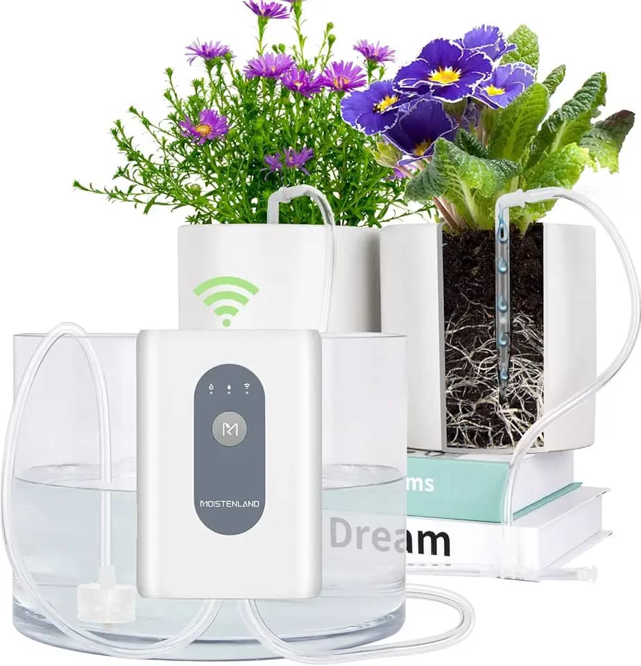 moistenland Regador Automático de Plantas Wi-Fi, Kit de Irrigação por Gotejamento Automático Diy para 15 Vasos de Plantas, Modo de Rega Automático e Manual e Retardado/Alerta de Escassez de Água/Regis