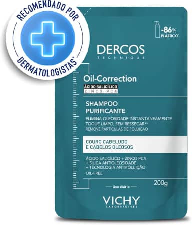 Vichy Dercos Oil-Correction, Refil Shampoo Purificante para Cabelos Oleosos, Limpeza Profunda sem Ressecar os Fios, Fórmula com Ácido Salicílico e Zinco PCA, 200g