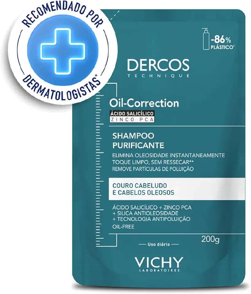 Vichy Dercos Oil-Correction, Refil Shampoo Purificante para Cabelos Oleosos, Limpeza Profunda sem Ressecar os Fios, Fórmula com Ácido Salicílico e Zinco PCA, 200g