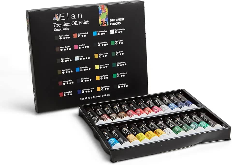 Elan Conjunto profissional de tinta a óleo, 24 mini tubos de cores vibrantes 12 ml, tintas a óleo não tóxicas para pintura em tela, tintas de arte para adultos e artistas