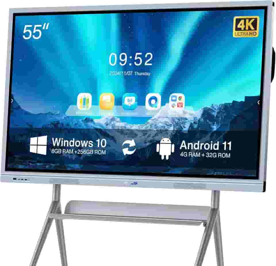JYXCN Tela interativa Smart Board Pro 55 polegadas 4K Dual-OS | Hub de colaboração multitoque Android 11 e Windows 10 para sala de aula, escritório, varejo (suporte de parede incluído)
