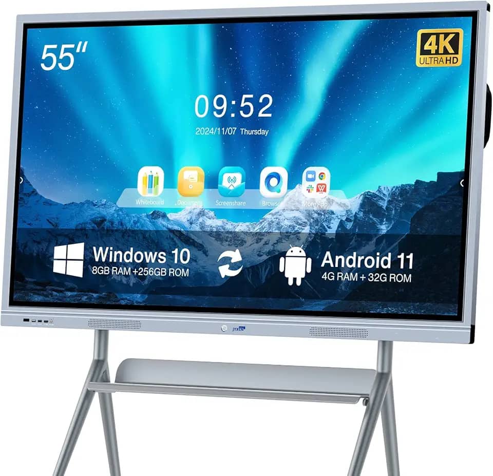 JYXCN Tela interativa Smart Board Pro 55 polegadas 4K Dual-OS | Hub de colaboração multitoque Android 11 e Windows 10 para sala de aula, escritório, varejo (suporte de parede incluído)
