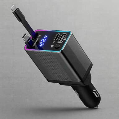 Carregador Premium De Carro Retrátil 4 Em 1 Com Cabo Tipo C E Iphone, USB Duplo, 120W, Tela De Voltagem E Carregamento Rápido Marca VARENZIA