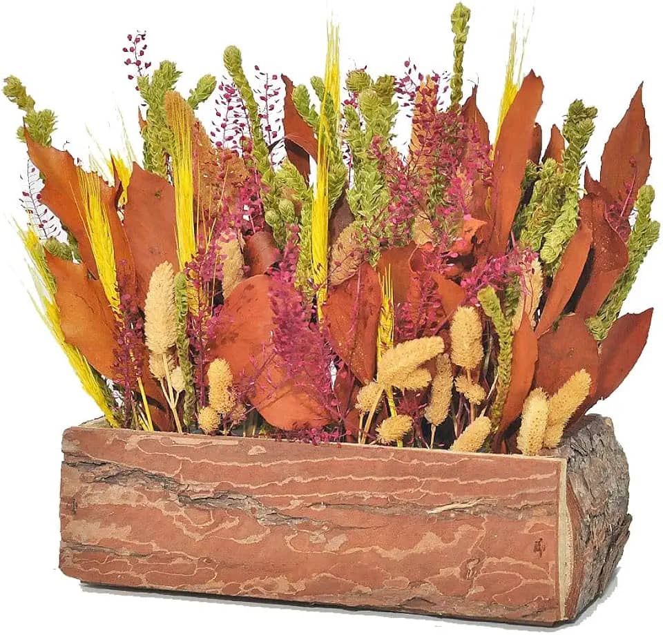 Arranjo De Flores Secas Para Mesa Tons Verdes Jardineira Rústica De Madeira