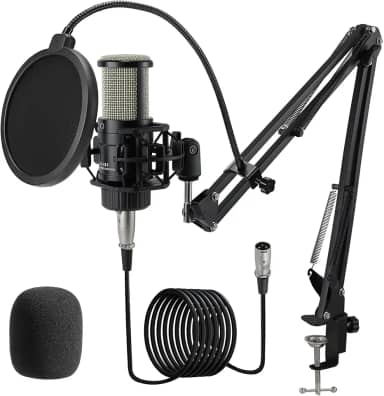 ALABS Microfone condensador XLR, kit de microfone de gravação cardioide profissional com diafragma de 25 mm para transmissão, podcast, canto, vocal, microfone de estúdio com braço boom, filtro pop