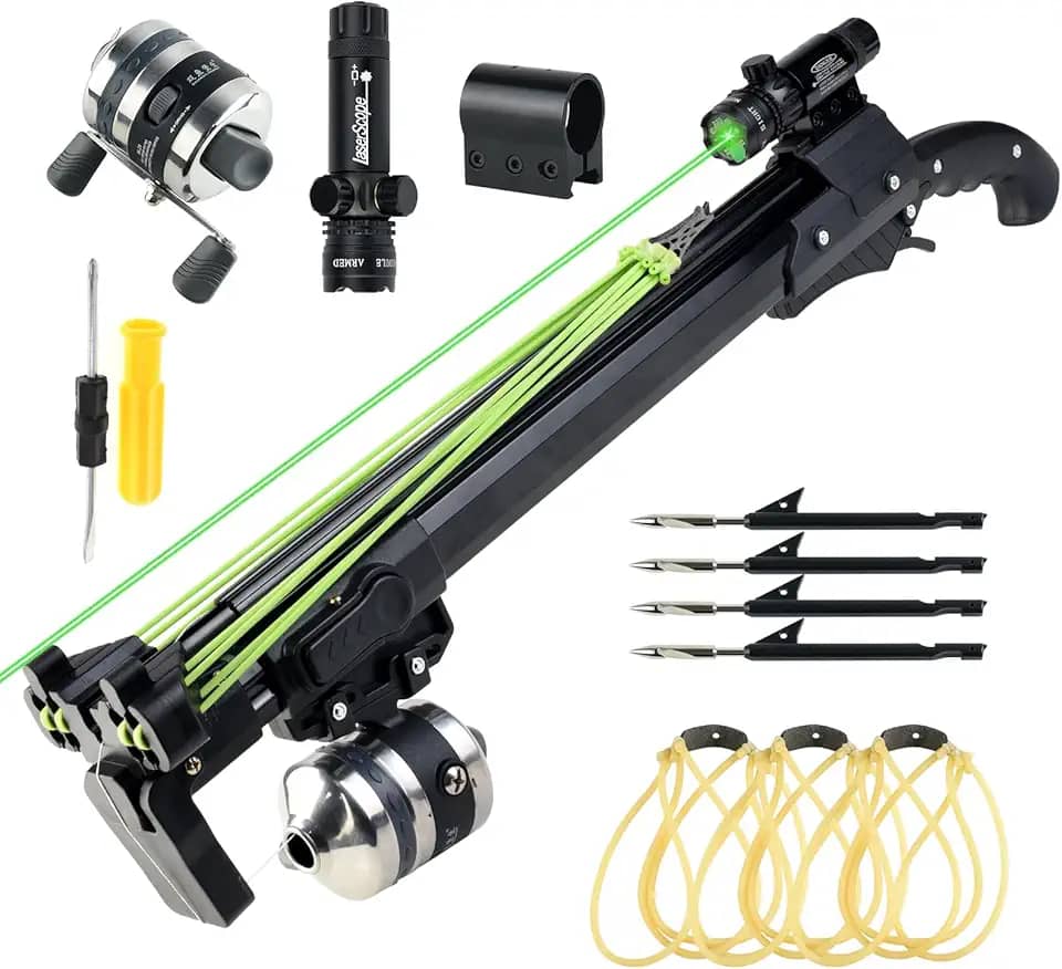 Catch&Hunt Estilingue de pesca, catapulta profissional de tiro de alongamento com roda de pesca de metal, dardo de peixe e faixa de borracha