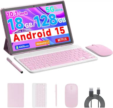 COOPERS Tablet Android 15, tablet de 10 polegadas, 18 GB de RAM + 128 GB de ROM, 2 TB expansível, processador quad-core de 2,0 GHz, WiFi 6 BT 5.0, câmeras duplas, tablets 2 em 1 com capa de teclado